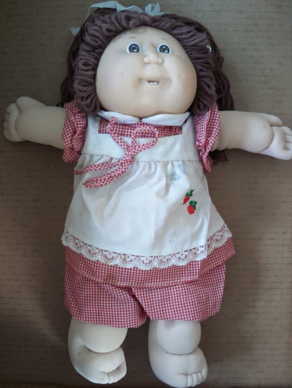Cabbage Patch Doll, Yarn Hair, Teeth, in Red Gingham Outfit with White Apron